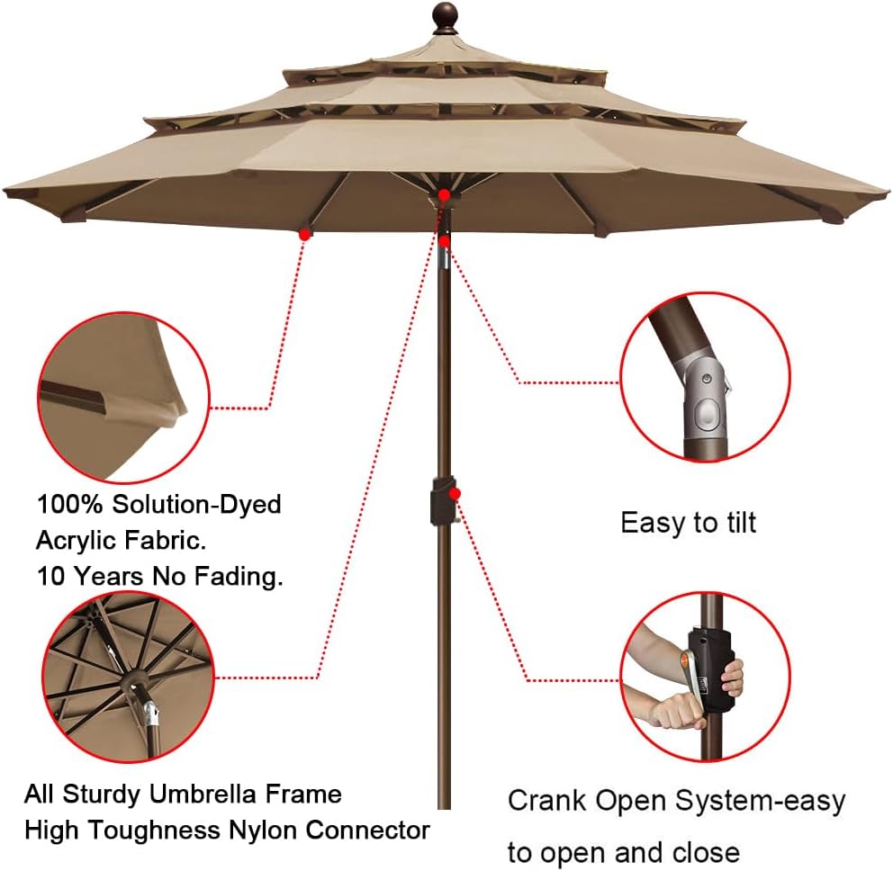 USA 10-Year-Non-Fading 9ft 3-Tier Market Patio Umbrella, Commercial Grade Outdoor Table Umbrella with Crank Open - Heath