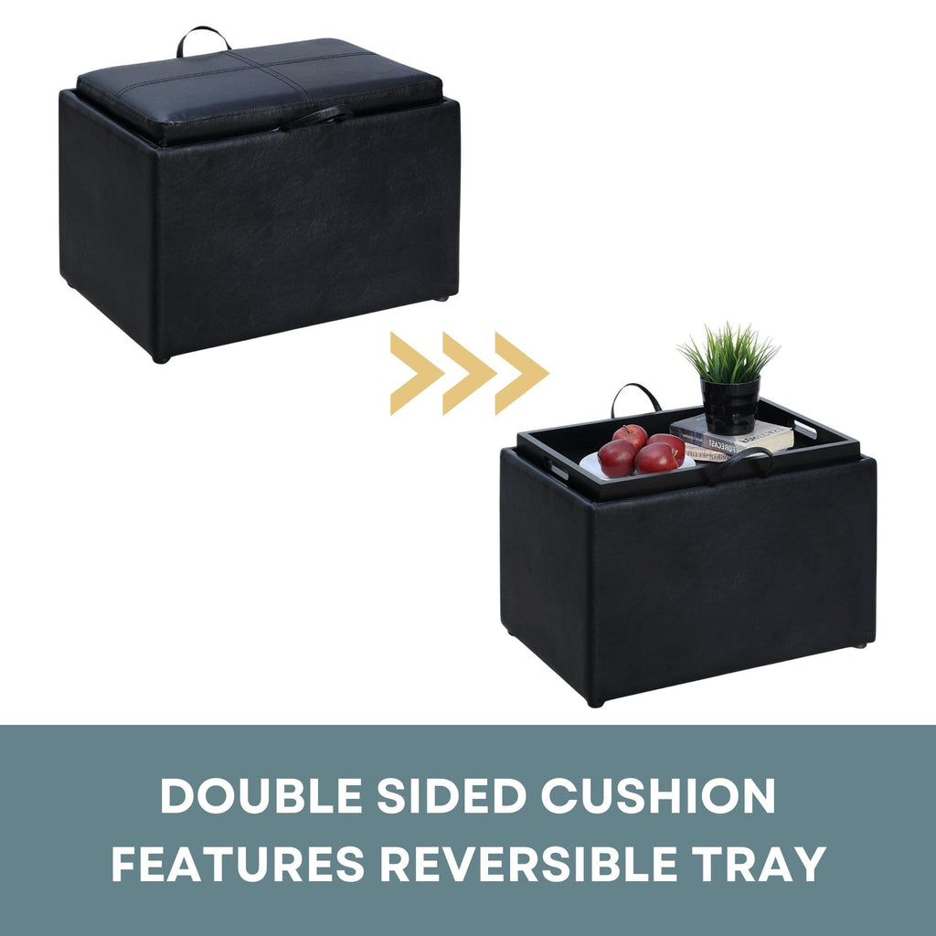 Designs4Comfort Accent Storage Ottoman 22.75" - Modern Foot Stool with Decorative Tray, Black Faux Leather