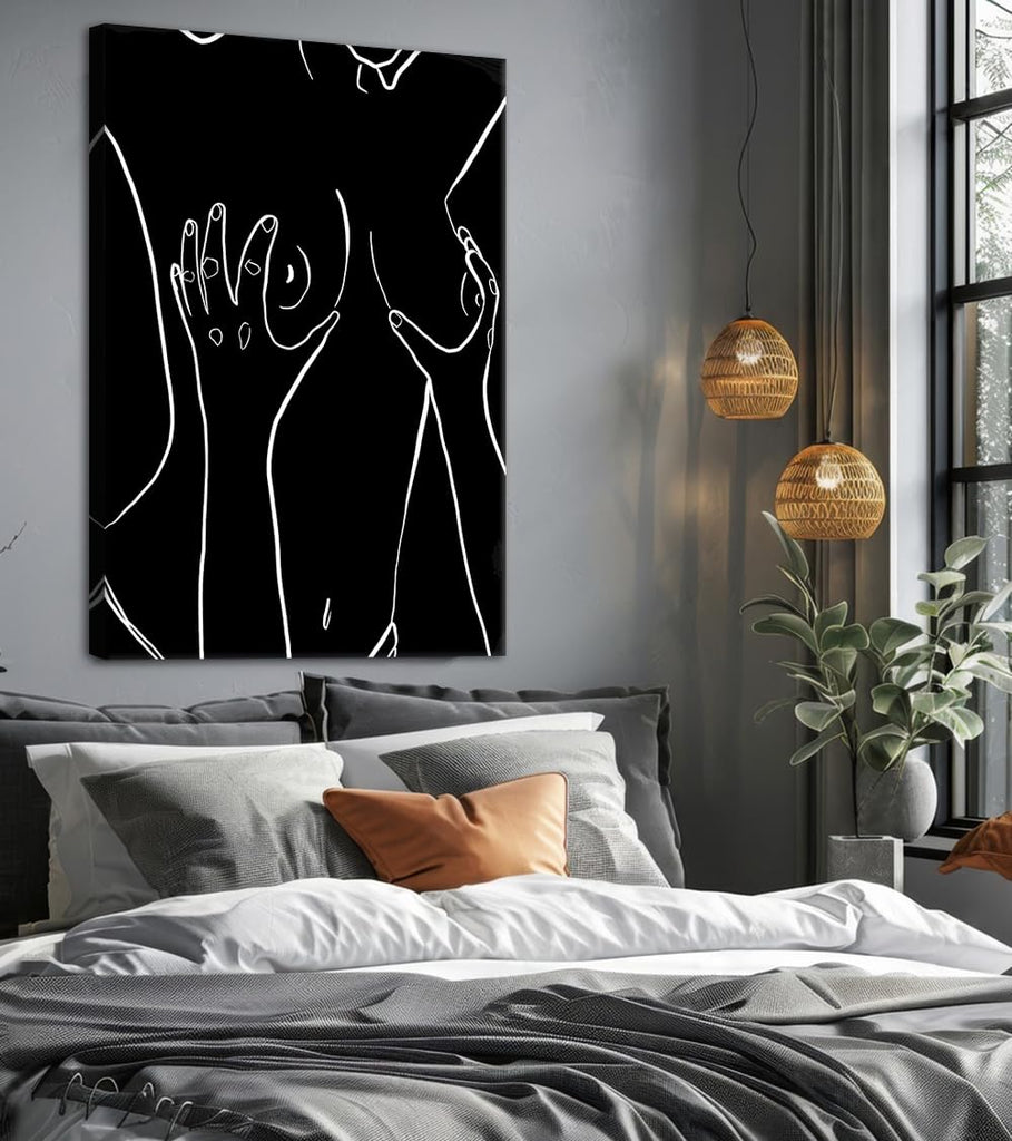 Erotic Woman Body Canvas Wall Art - Black White Sexy Girl Figure Line Art Print Modern Abstract Erotic Mature Artwork