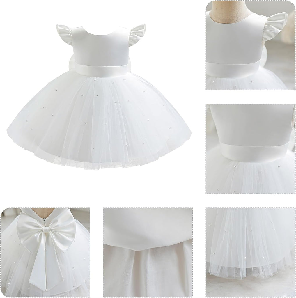 Infant Baby Girls Wedding Flower Girl Dress Pearls Tulle Tutu Dress Bowknot V Back Pageant Party Birthday Formal