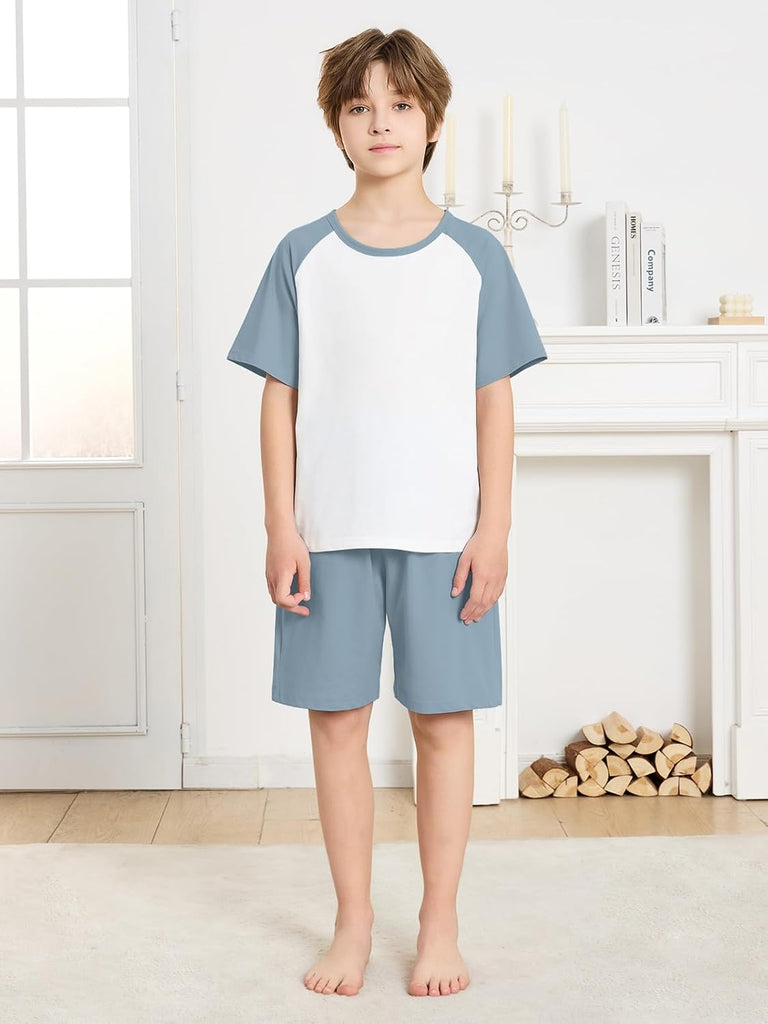 Boys Pajamas Set Two Piece Cotton Sleepwear Kids Short Sleeve Top and Shorts PJS Set with Pockets