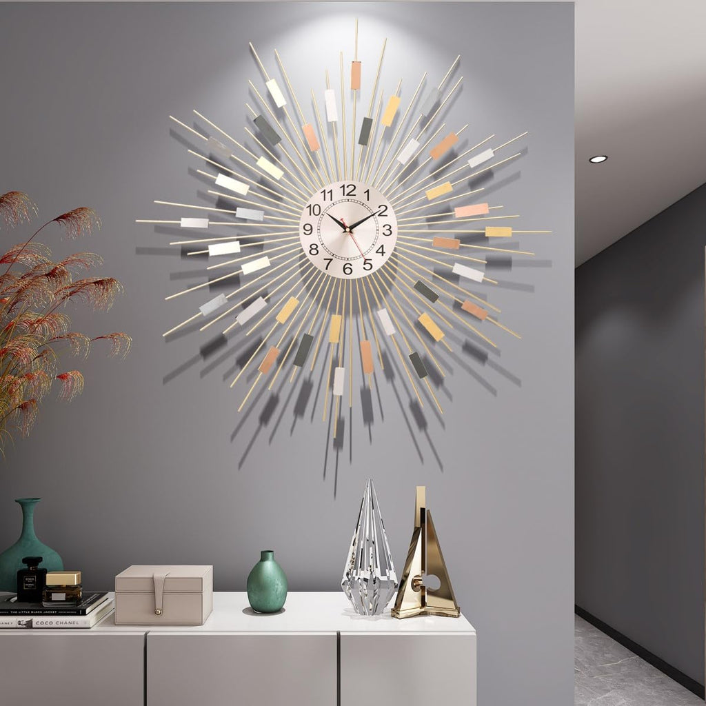GOD 24" Large Sunburst Wall Clock, Boho Modern Farmhouse Metal Decorative Clock, Silent Non‐Ticking Battery Powered