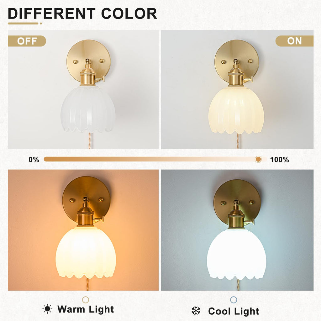 Plug in Wall Sconces Set of 2, Vintage Wall Sconce Light with Tulip Milk White Glass Lampshade, Bedroom Wall Sconce
