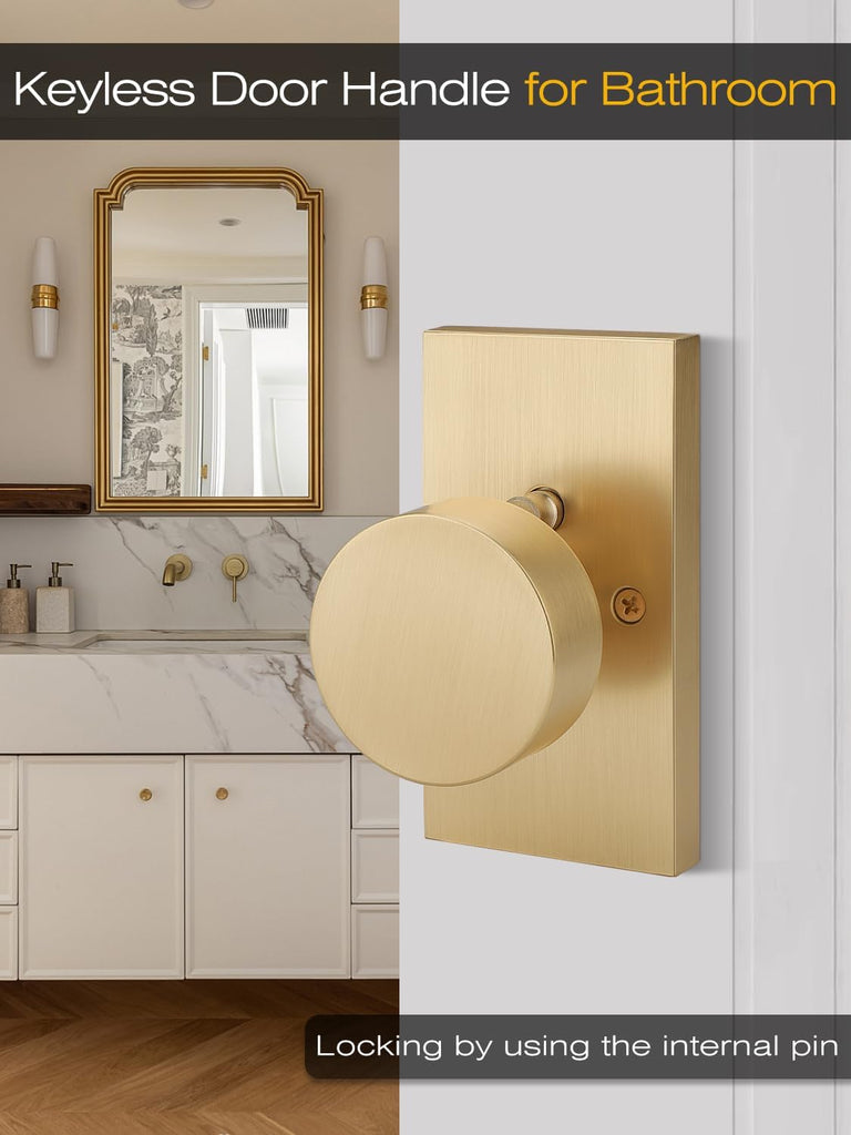 1 Pcs Satin Brass Privacy Door Knob, Gold Interior Door Handle