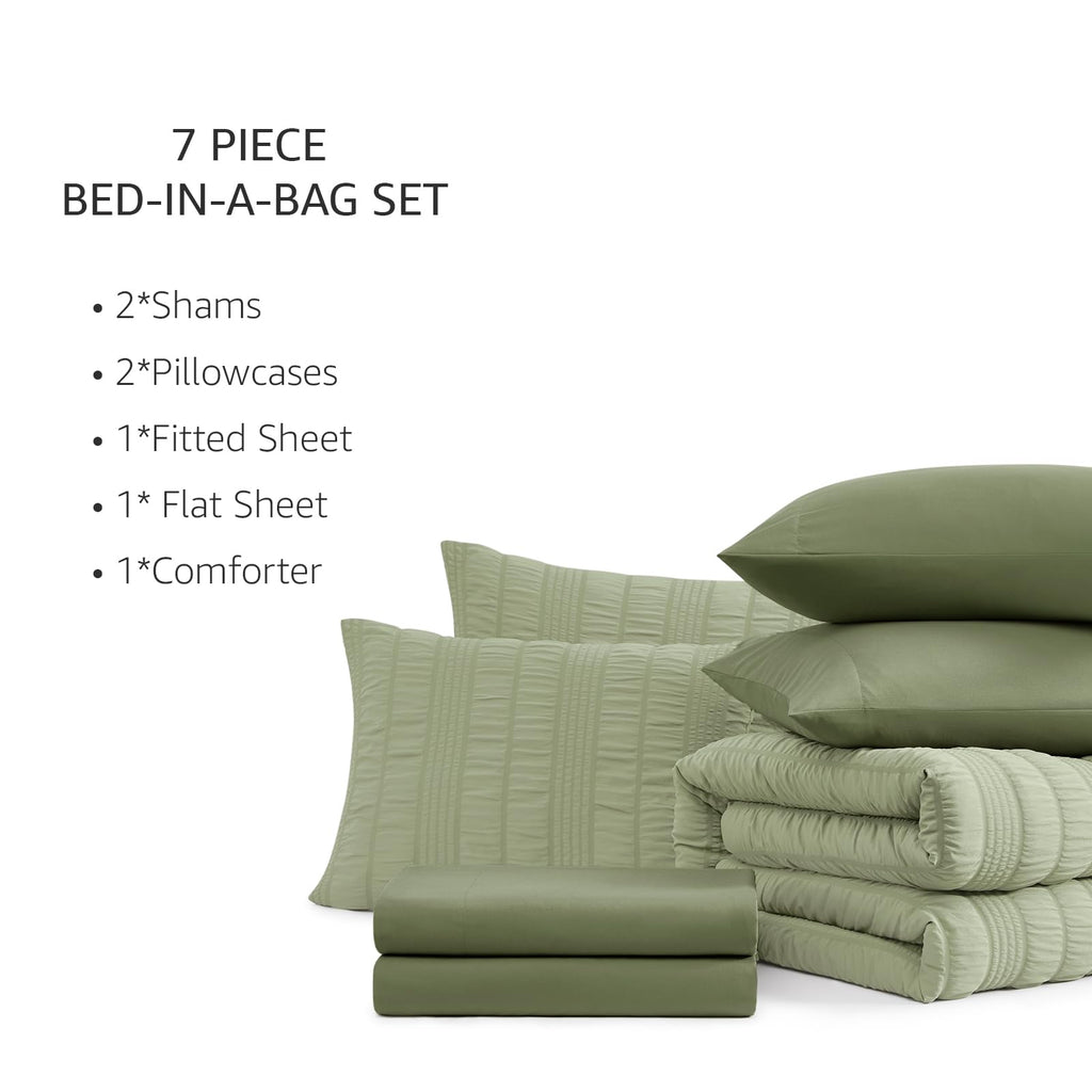 Full Size Comforter Set, 7 Pieces Sage Green Seersucker Bed in a Bag Full Size Soft All Seasons, Bedding Sets Full