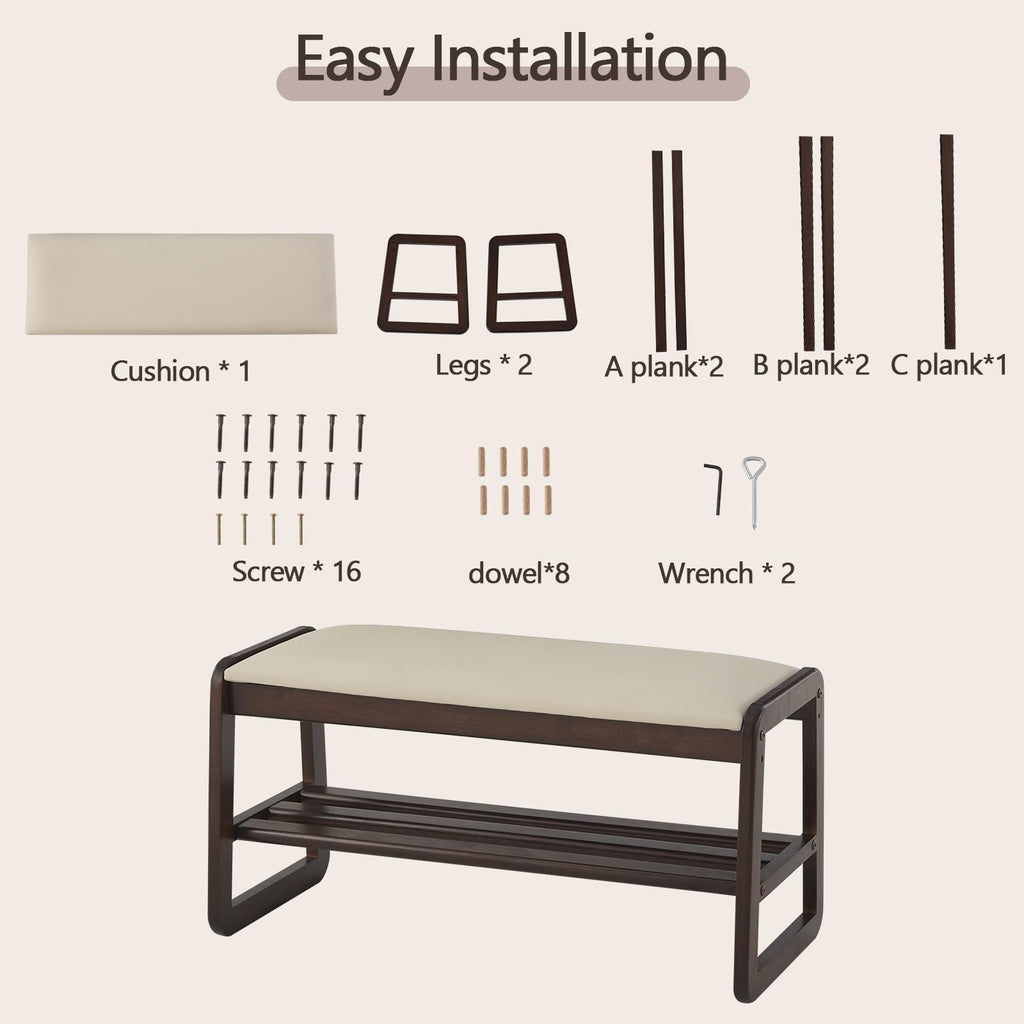 Shoe Rack Bench, 2 Tier Solid Wooden Entryway Bench(Pu Beige, 31.5")