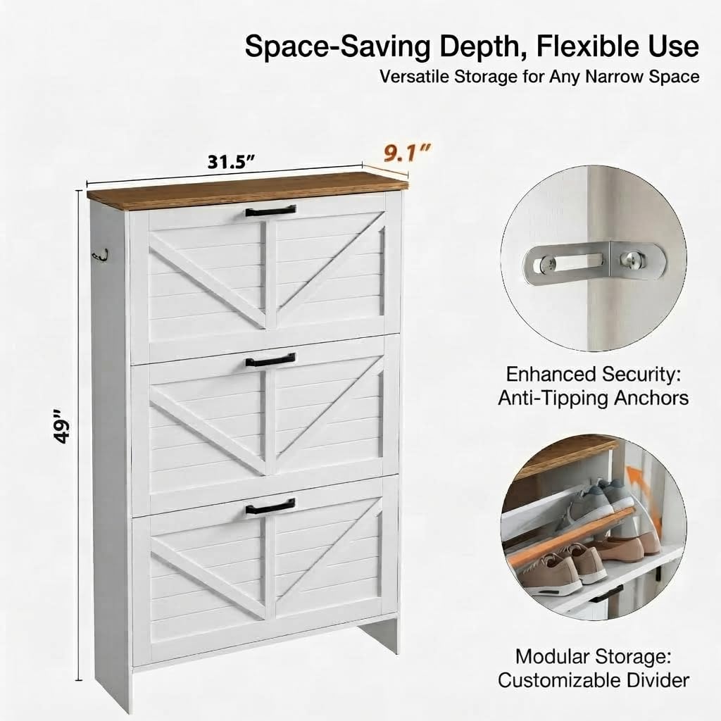 Shoe Storage Cabinet, Freestanding Fluted Accent Ultra Slim Shoe Cabinet with 3 Flip Drawers, Farmhouse Shoe Rack