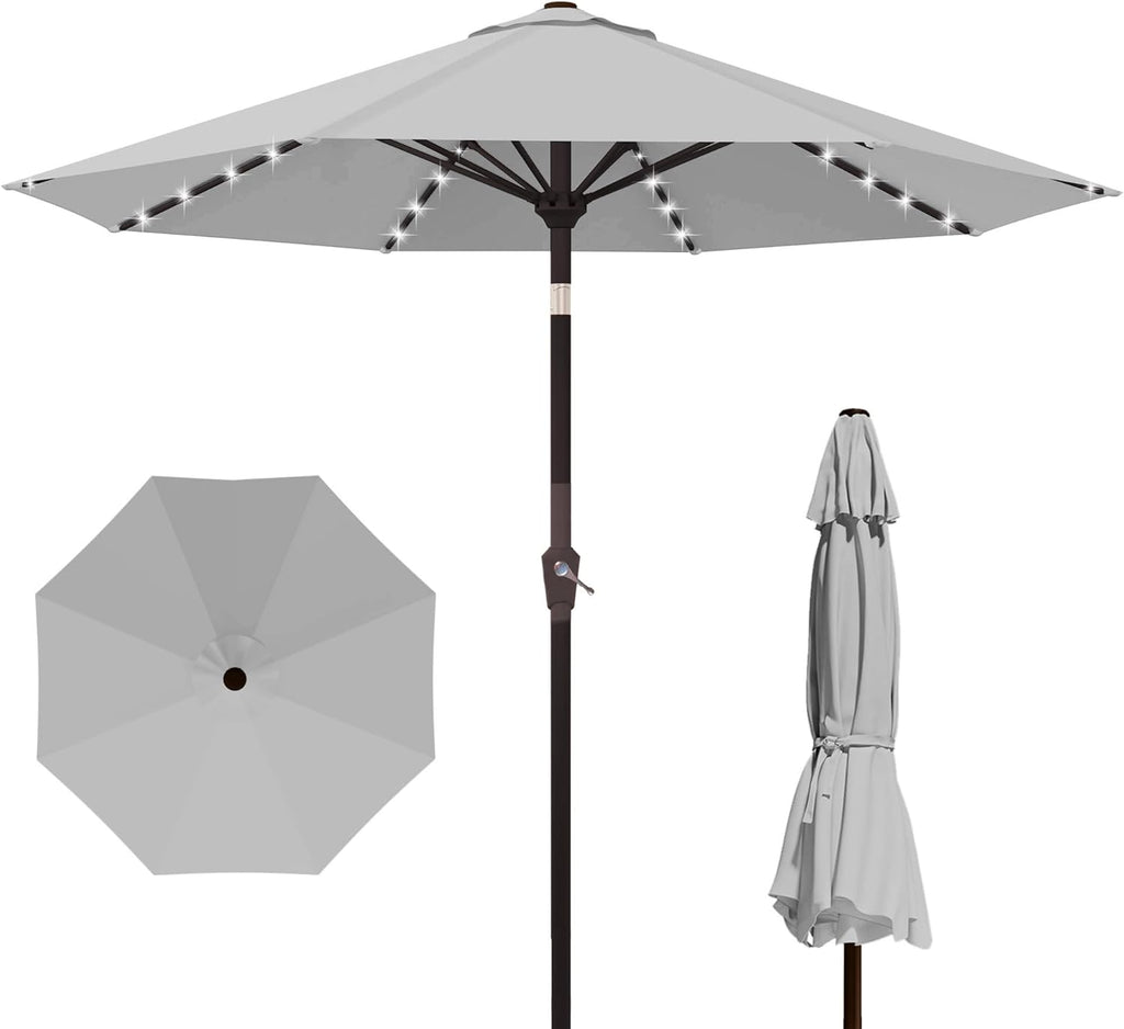 9FT Outdoor Patio Umbrella with Solar Lights, Market Table Umbrella with Push Button Tilt & Crank, 8 Sturdy Ribs