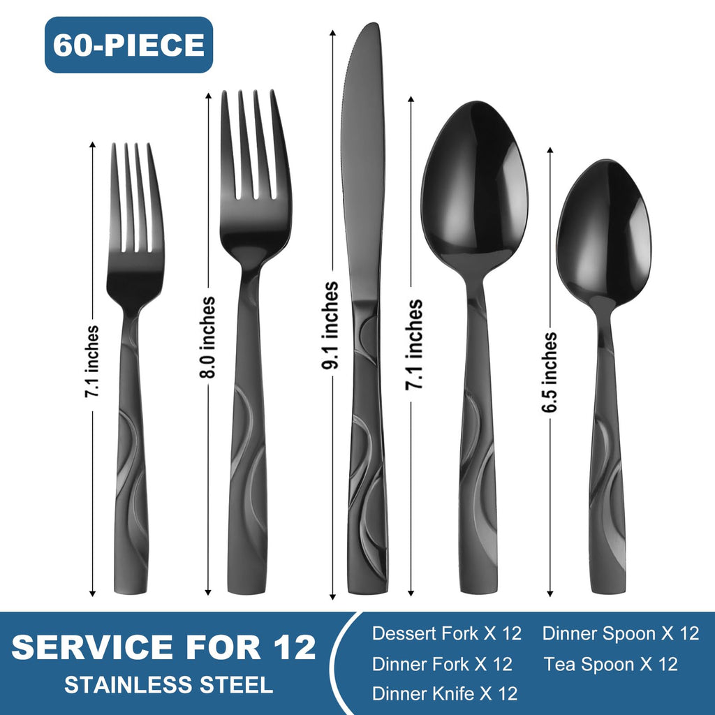 60-Piece Black Flatware Set for 12