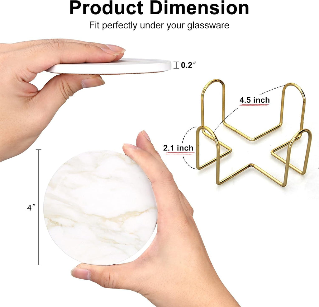 White Marble Style Ceramic Coasters with Holder Modern Coffee Table Decor Drink Coaster Gifts Absorbent - Set of 6