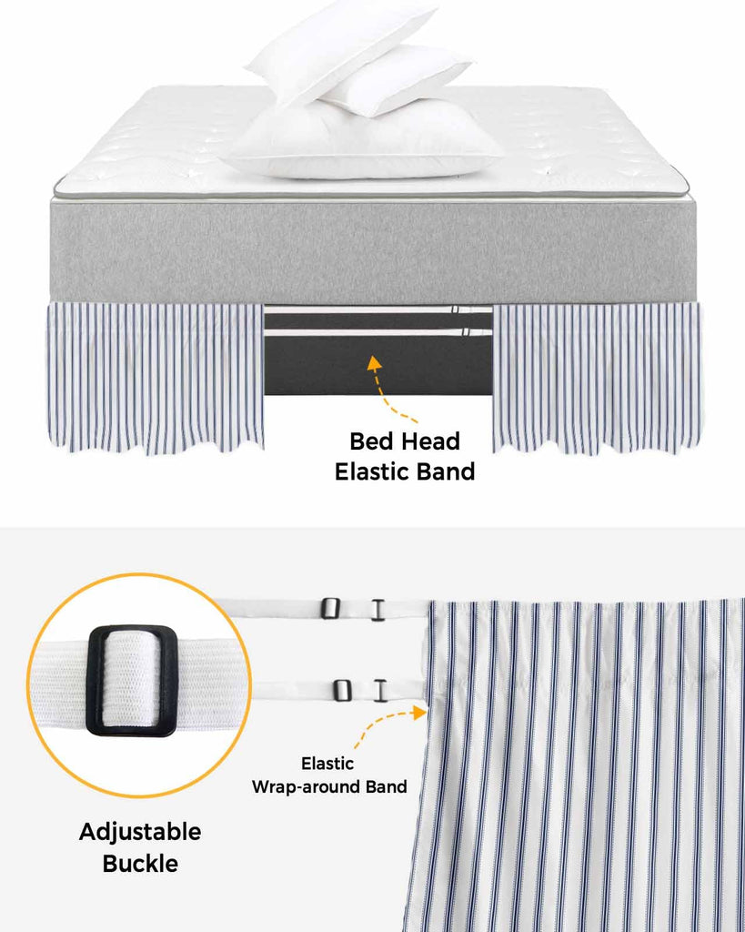 Navy Blue Striped Bed Skirt 16 Inch Drop, Farmhouse Geometric Minimalist Vertical Stripes Adjustable &