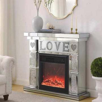 Mirrored Electric Fireplace with Crushed Diamond Love, Fireplace TV Stand with Remote Control, Freestanding Electric