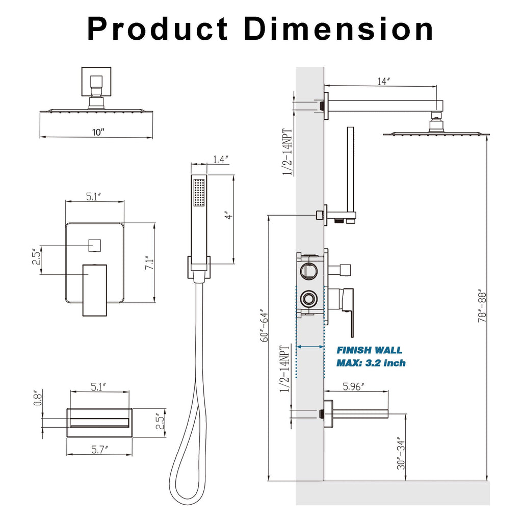 Tub Shower System with 10" Rain Head, Handheld & Valve Kit