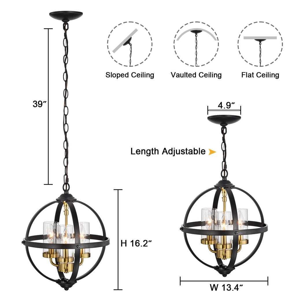 Rustic Chandelier, 14" Farmhouse Globe Orb Pendant Light, Vintage Black and Gold 3-Light E12 Adjustable Ceiling