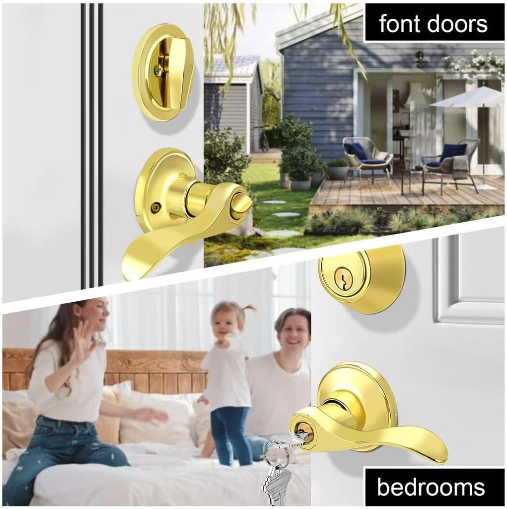 Keyed Entry Door Lock Set with Single Cylinder Deadbolt, Polished Brass Keyed Alike Door Handle with Lock - Door Lever