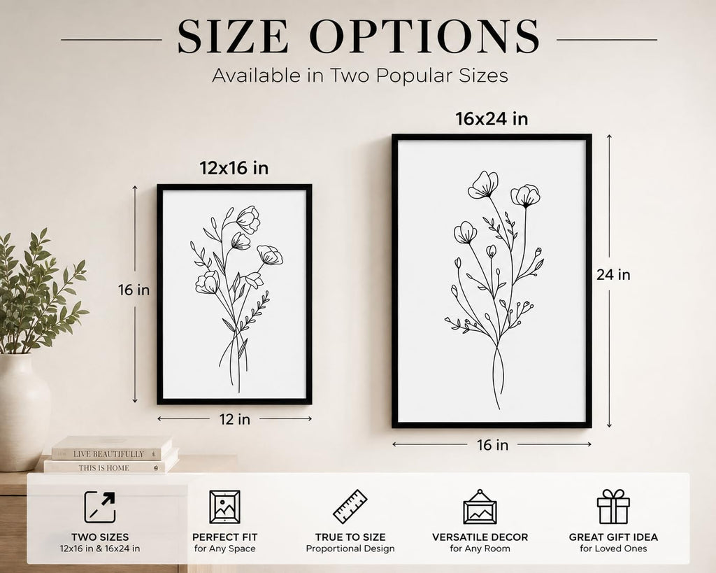 Framed Set of Two Canvas Wall Art Simple Botanical Line Print Black and White Floral Poster Modern Gallery Print Wall