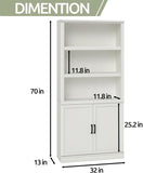 5 Shelf Tall Bookcase with Doors White Bookshelf 31in Wide Display Standing Shelf 72in Tall Wood Book Shelves Library