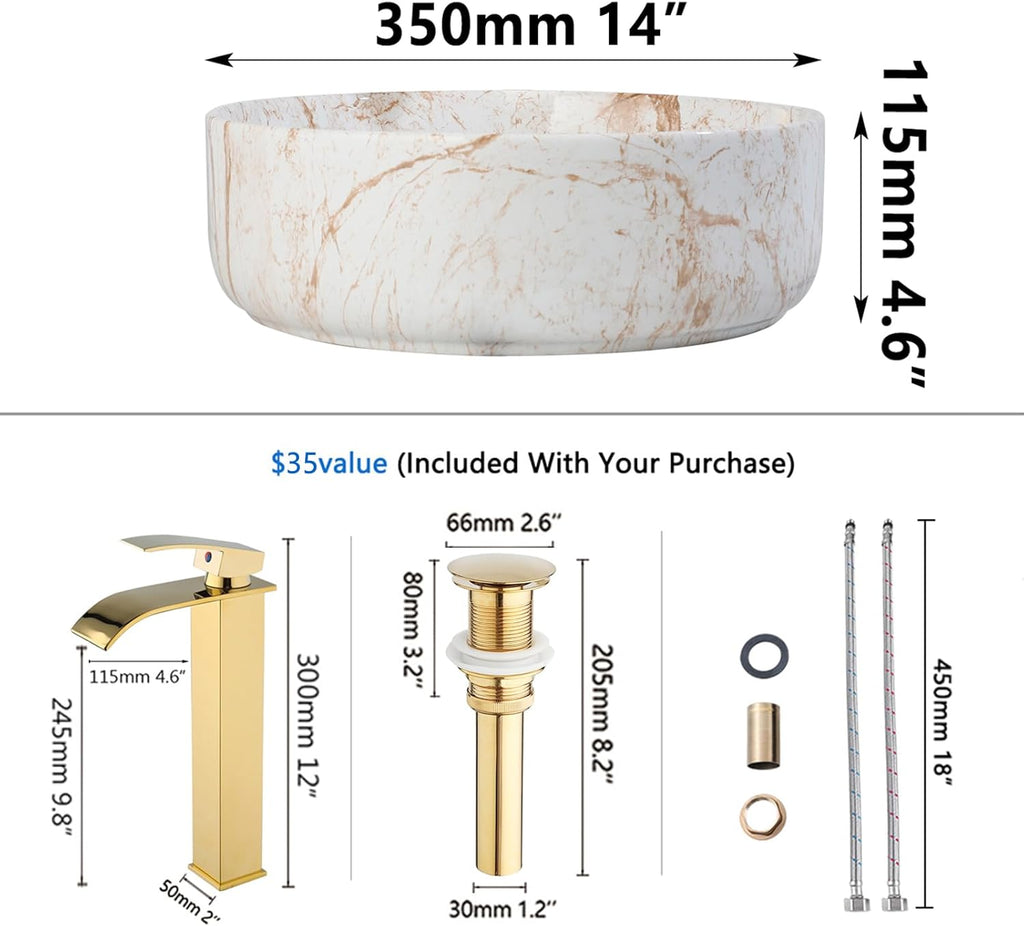 White Marbling Bathroom Vessel Sink with Waterfall Faucet and Pop-Up Drain Combo,14 Inch Ceramic Vessel Sink Above