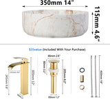 White Marbling Bathroom Vessel Sink with Waterfall Faucet and Pop-Up Drain Combo,14 Inch Ceramic Vessel Sink Above