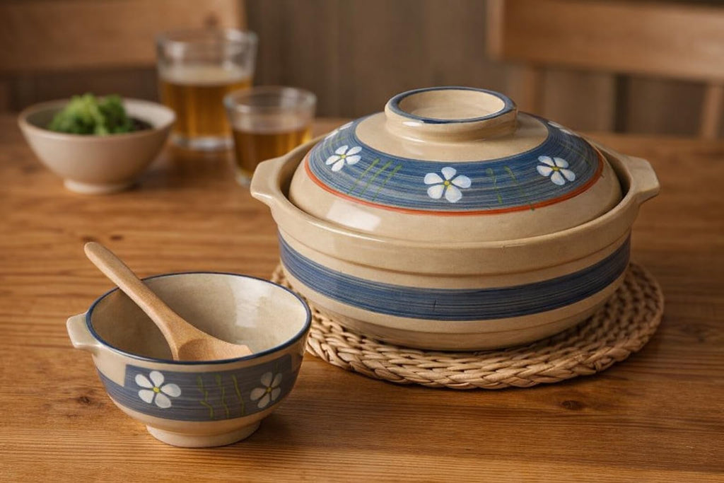 Donabe Clay Hot Pot, Blue Sakura Design, Ceramic Earthenware Banko Casserole, Shabu shabu Hot Pot Sukiyaki (Size 9