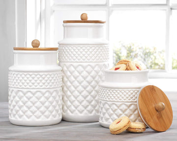 Set of 3 White Canisters Embossed Faceted Ceramic, 3 Round Jars with Bamboo Lid and Rubber Gasket - Food Storage.