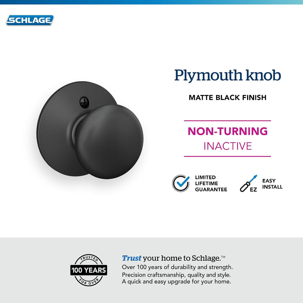Plymouth Door Knob, One Sided Non-Turning Dummy Door Handle, Matte Black
