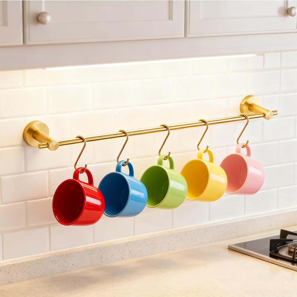 Pot Rack Wall Mounted, 21 inch Hanging Pot and Pan Hanger, Stainless Steel Kitchen Rail Coffee Mug Rack with 10 S