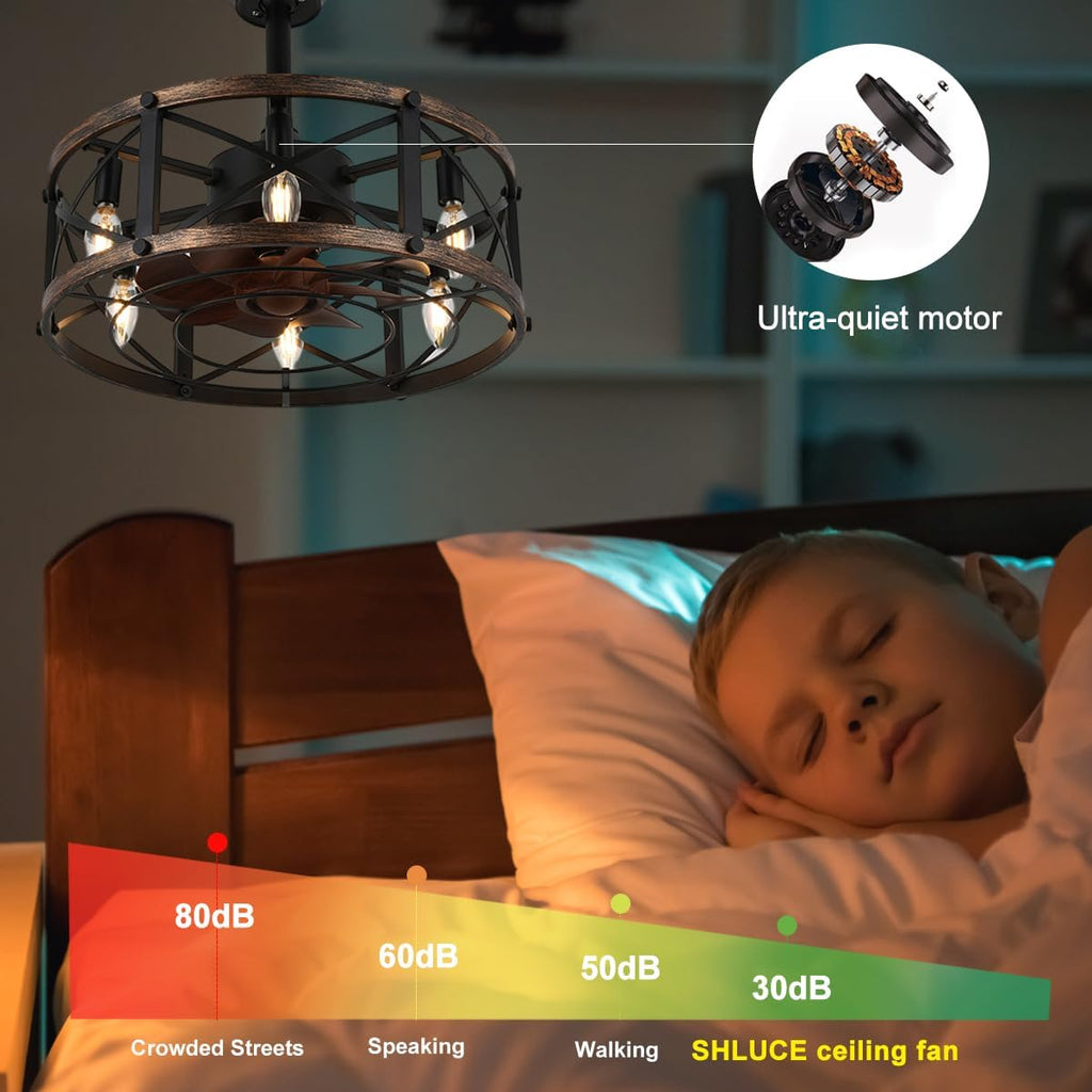 19" Farmhouse Fandelier Ceiling Fan with Light, Caged Bladeless Ceiling Fans with Lights and Remote, Modern Small Enclosed Ceiling Fans with Lights for Living Room, Bedroom, Black A101-B0CD3WXJ43