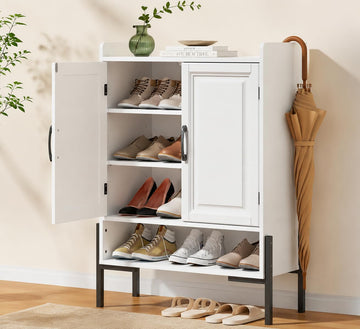 Farmhouse Shoe Cabinet with Doors, 4-Tier White Wooden Shoe Storage Cabinet with Adjustable Shelves, 40" Tall Shoe