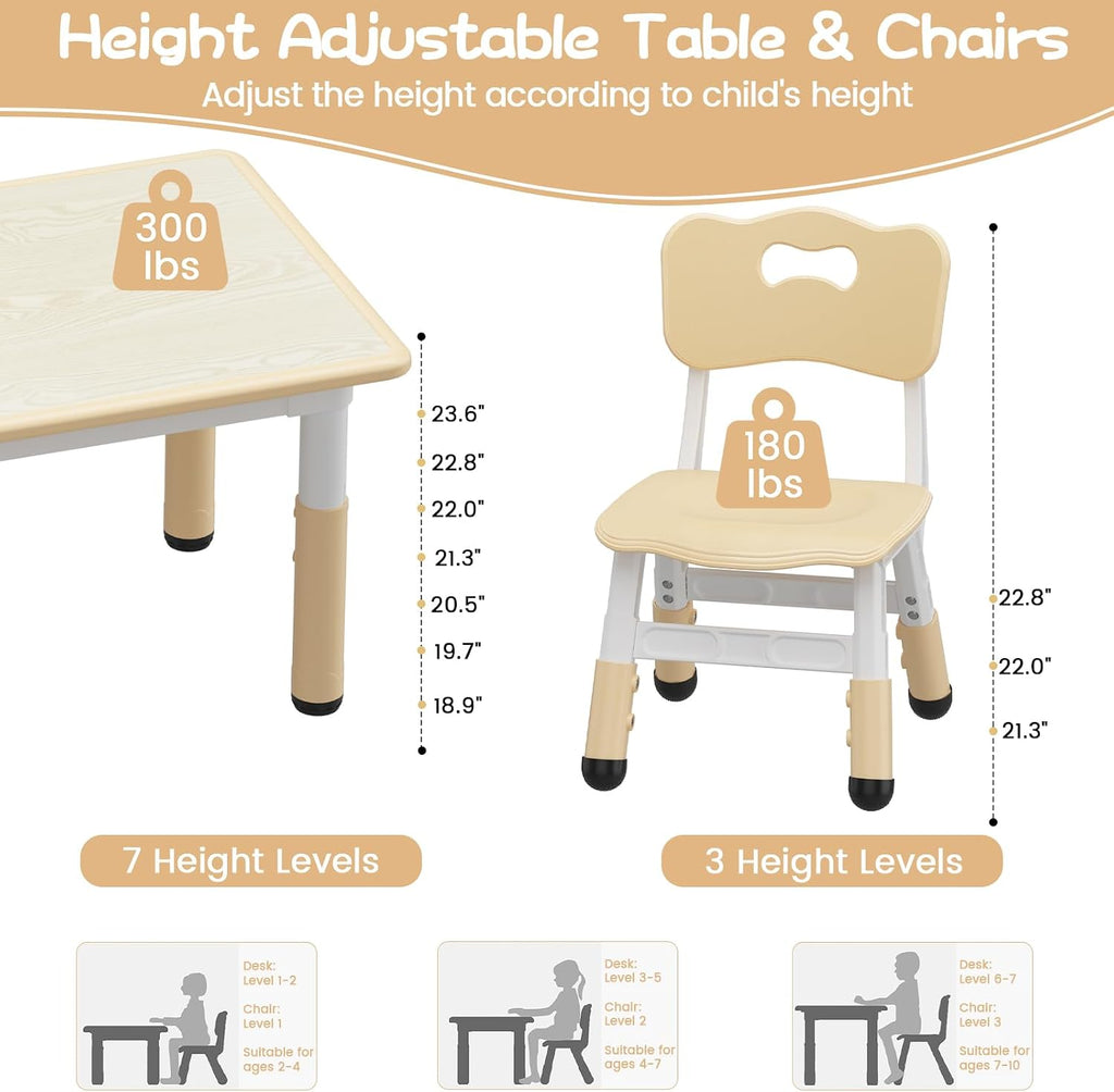 Kids Table and 2 Chairs Set, Height Adjustable Toddler Table and Chairs Set