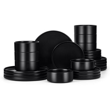 Black Dinnerware Sets for 8, 24-Piece Stoneware Plates and Bowls Sets