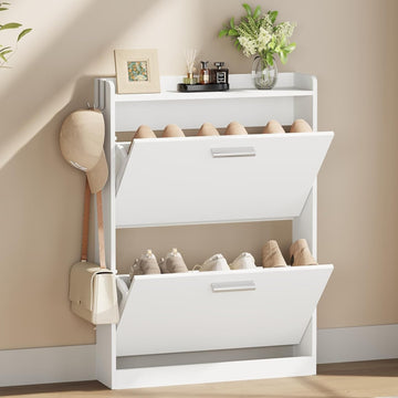 Slim Shoe Cabinet with 2 Flip Drawers, 23.6" W White