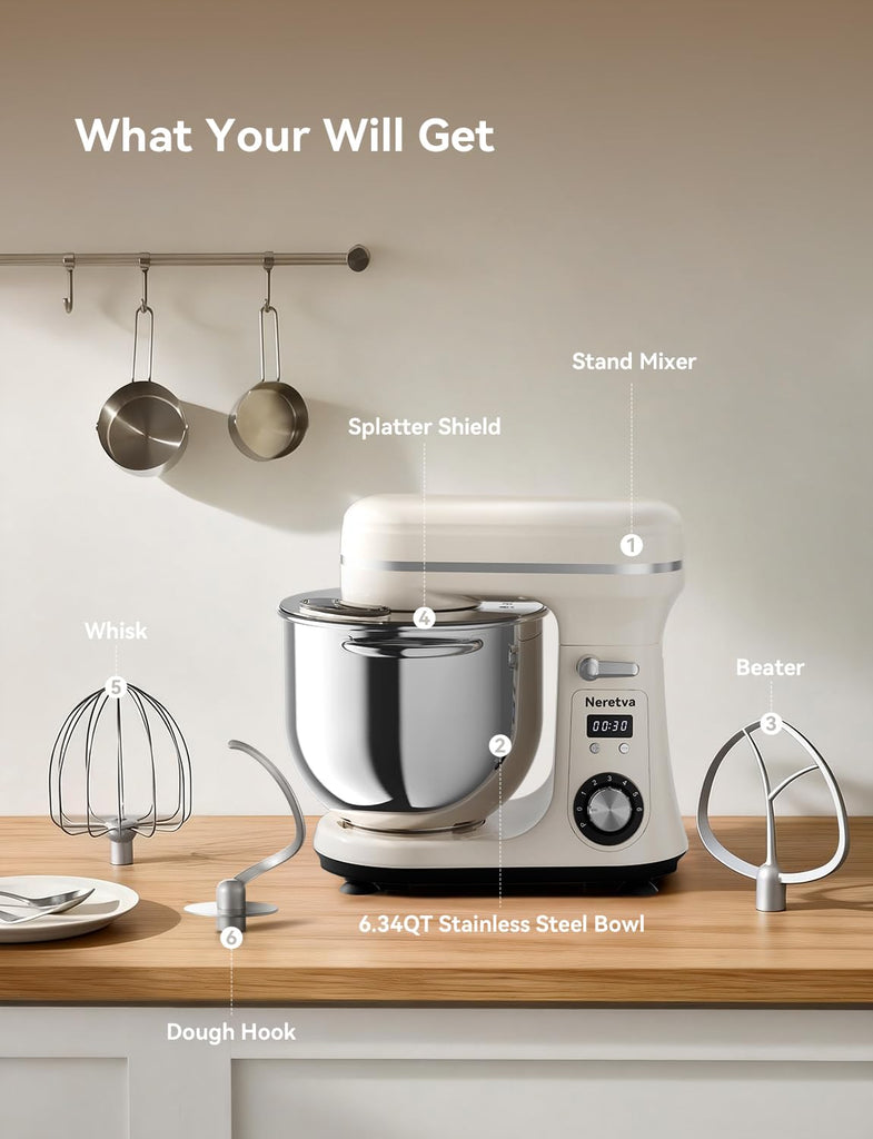 Super Stable Stand Mixer with Low Noise Operation, 6.34 QT Capacity