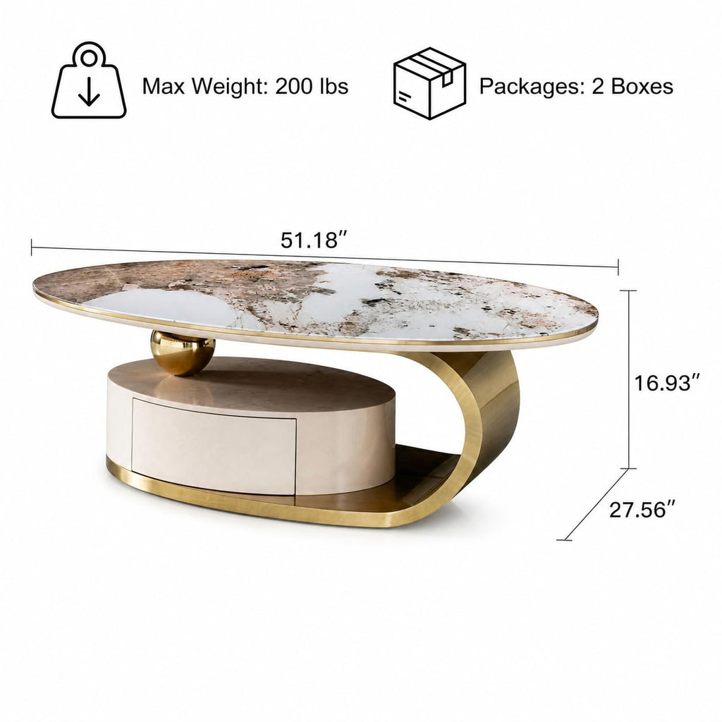Oval Faux Marble Coffee Table with Storage Drawer, Luxury Gold Stainless Steel Base & Clear Tempered Glass Tabletop