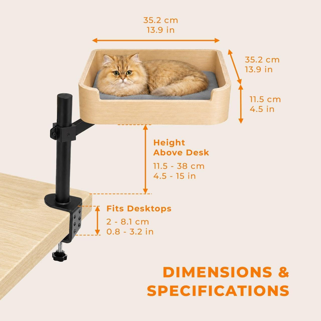 3-in-1 Cat Desk Bed, Cat Window Hammock & Elevated Floor Bed - Wooden Window Perch & Seat, American Oak Finish, 2