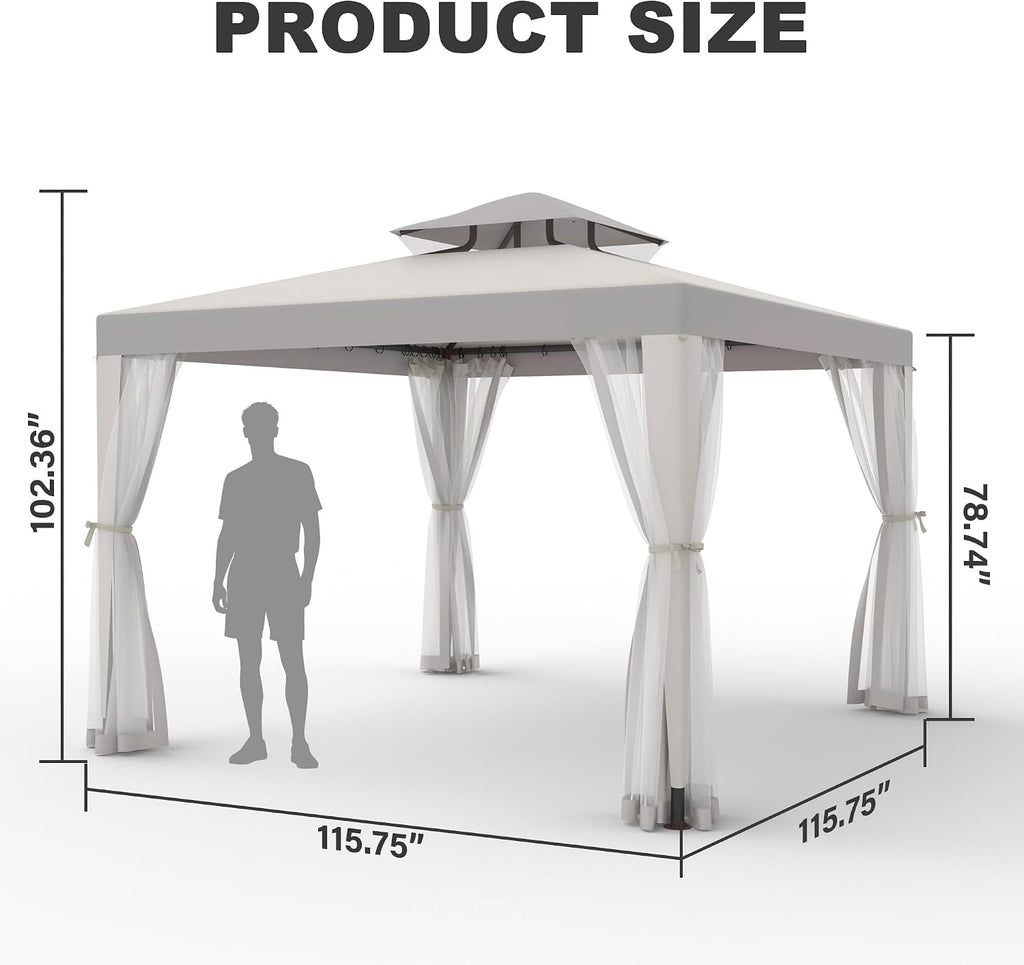 Outdoor Gazebo 10×10 Canopy Tent with Mosquito Nettings & Double Roofs, Canopy Shelter for Party, Patio Gazebo (Gray