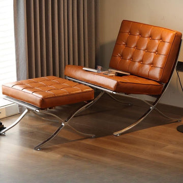 Inspired Barcelona Style Leather Lounge Chair and Ottoman — Brown Oiled Leather, Compact Seat (23.5″L)