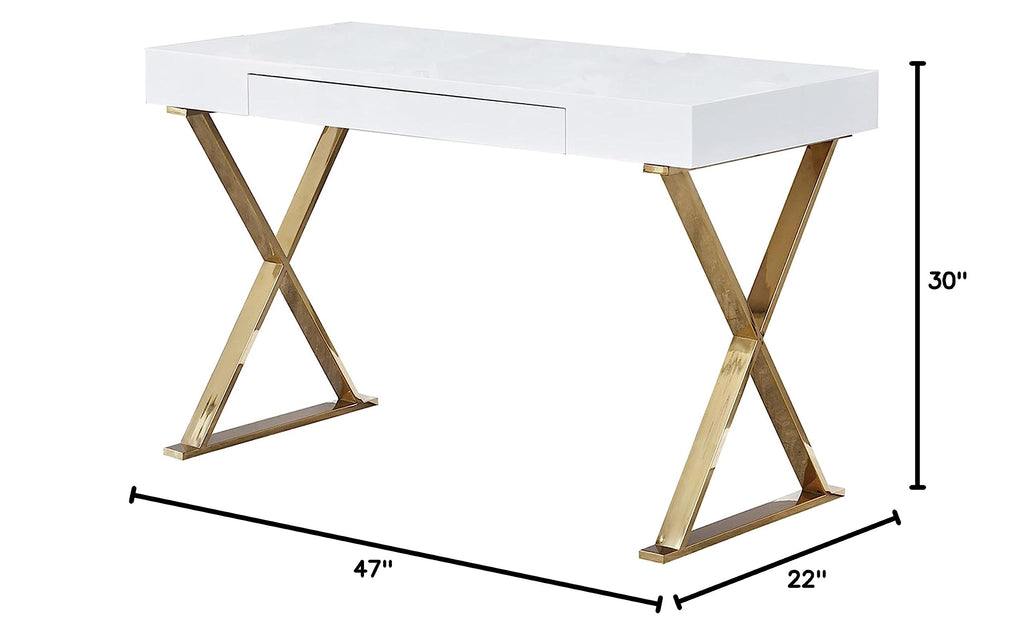 Barry 47" White Gloss Computer Desk with Center Drawer, Sleek X Frame Sled Style Stainless Steel Base, Modern