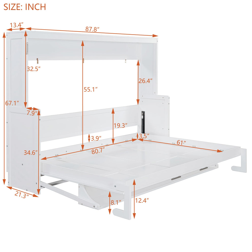 Queen Size Murphy Bed, Wood Murphy Wall Bed with Hydraulic Lift & Desk Design, White