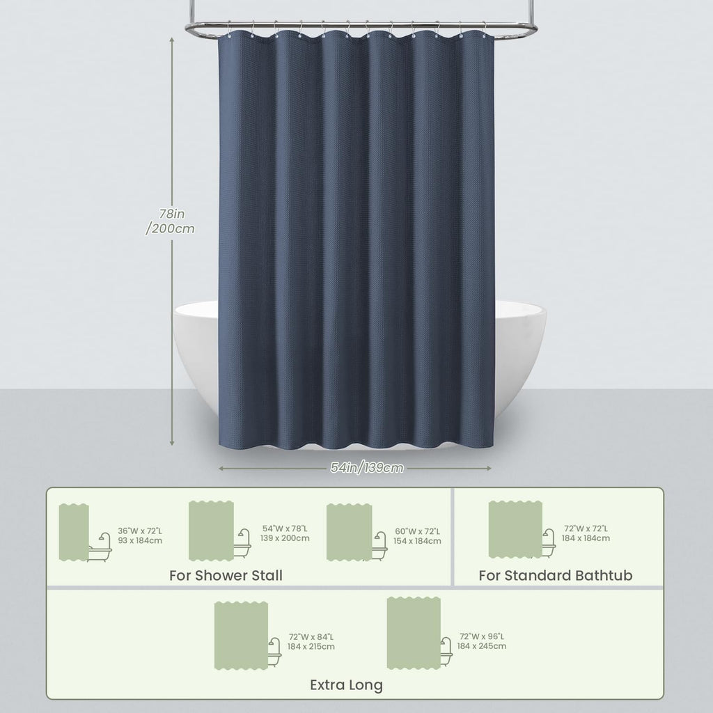 Fabric Shower Curtain, Waffle Weave 230 GSM Polyester, Weighted Hem, Metal Hooks Included, Water Repellent Washable