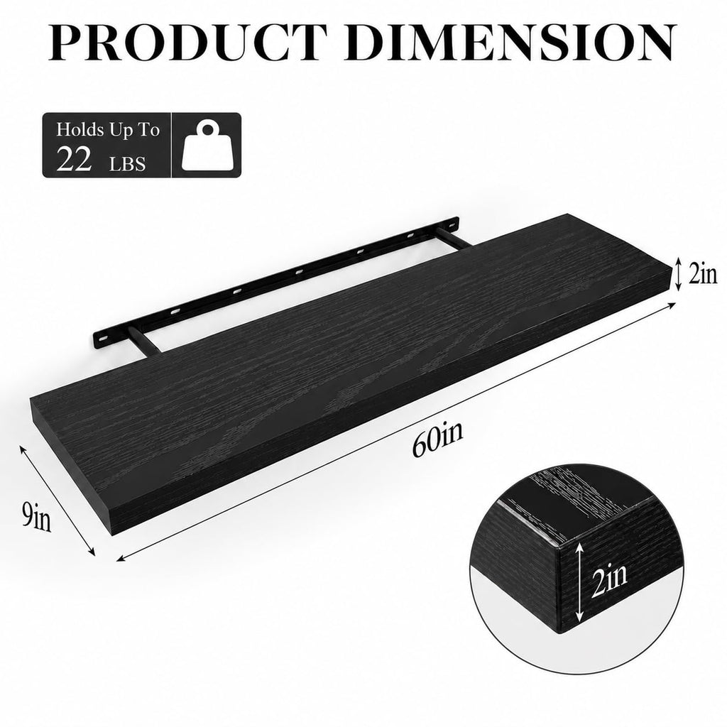60" Black Floating Shelf, Long Wall Shelf