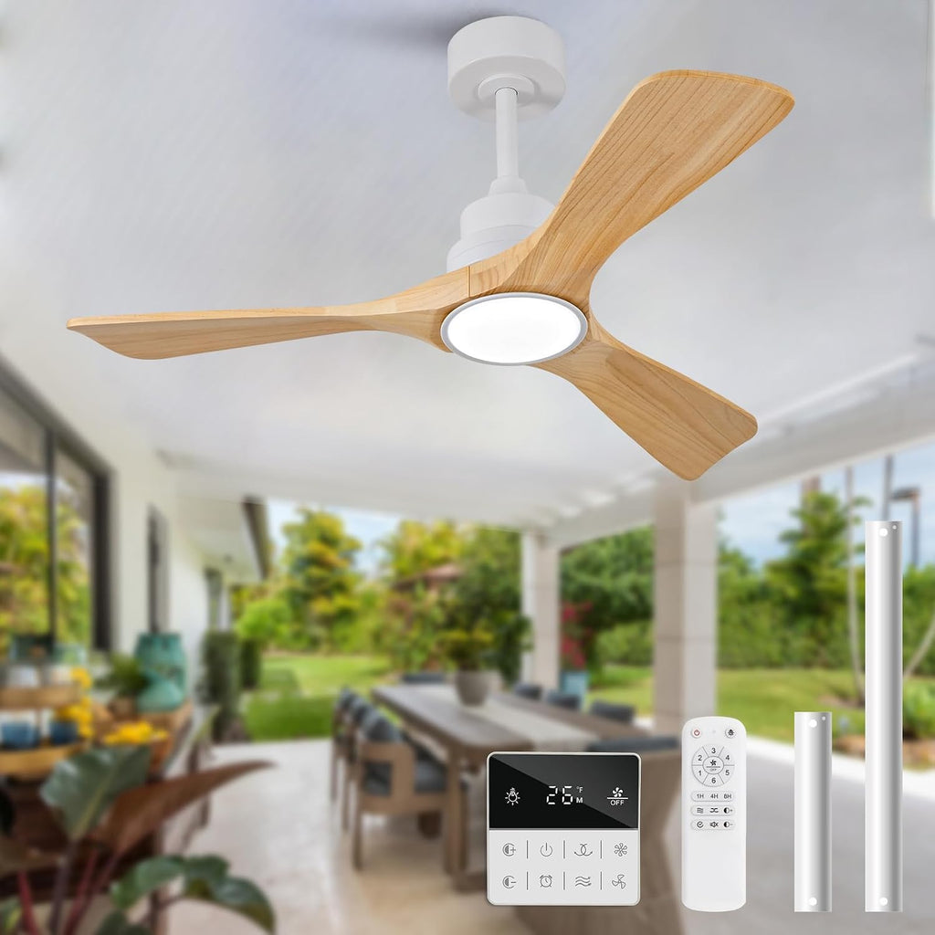 42 Inch Ceiling Fans with Lights and Remote, Dimmable, Natural Wood Ceiling Fan with Light