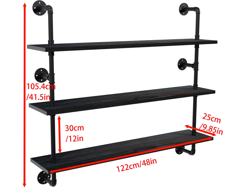 Industrial Pipe Shelving Rustic Black Wall Shelves with Wood Planks Industrial Floating Shelves 48 Inch 3 Tier