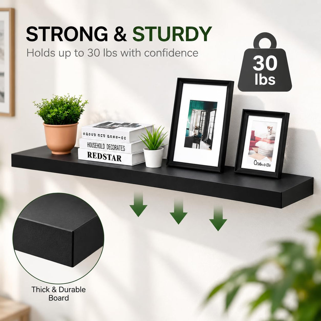 48" Floating Shelf with Hidden Brackets, Wall Display Shelf, Black