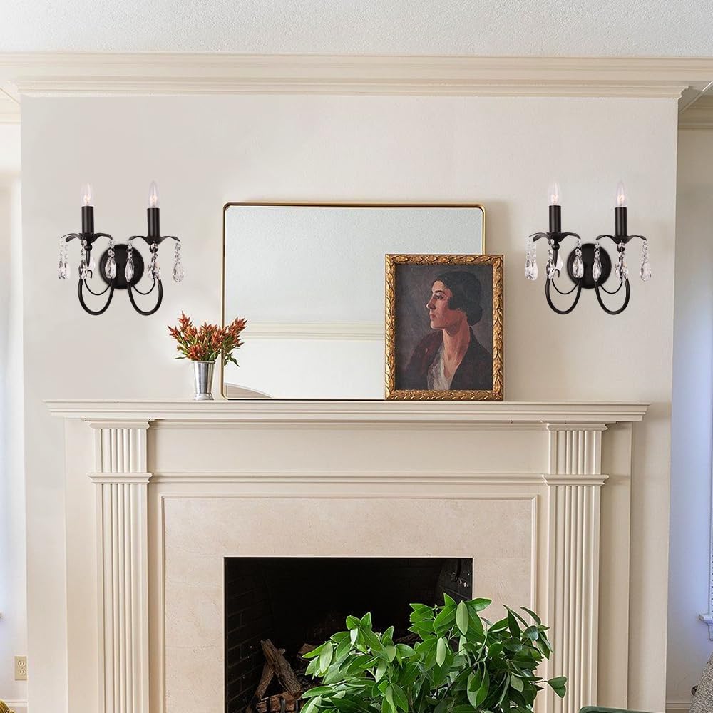 2-Light Vintage Crystal Wall Sconce, Antique Wall Lights with Black Finish for Bedroom Bedside Living Room, Victorian