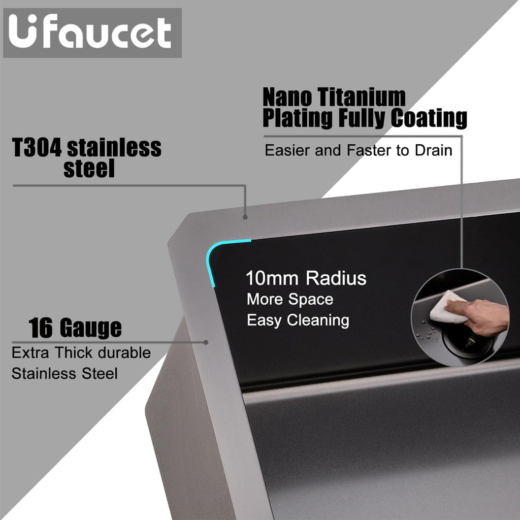 32 Inch Nano Black Undermount Kitchen Sink Stainless Steel Deep Single Bowl, 32"x18" Gunmetal Black 16-Gauge Zero