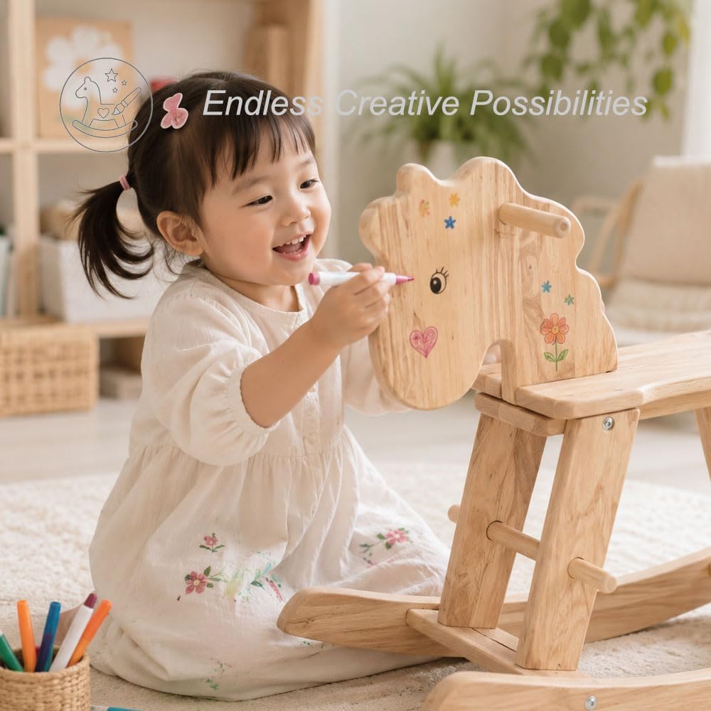 Natural Wooden Rocking Horse for Preschool (Ages 3-6) - Solid Rubber Wood, Safe & Comfortable Footrest, Supports