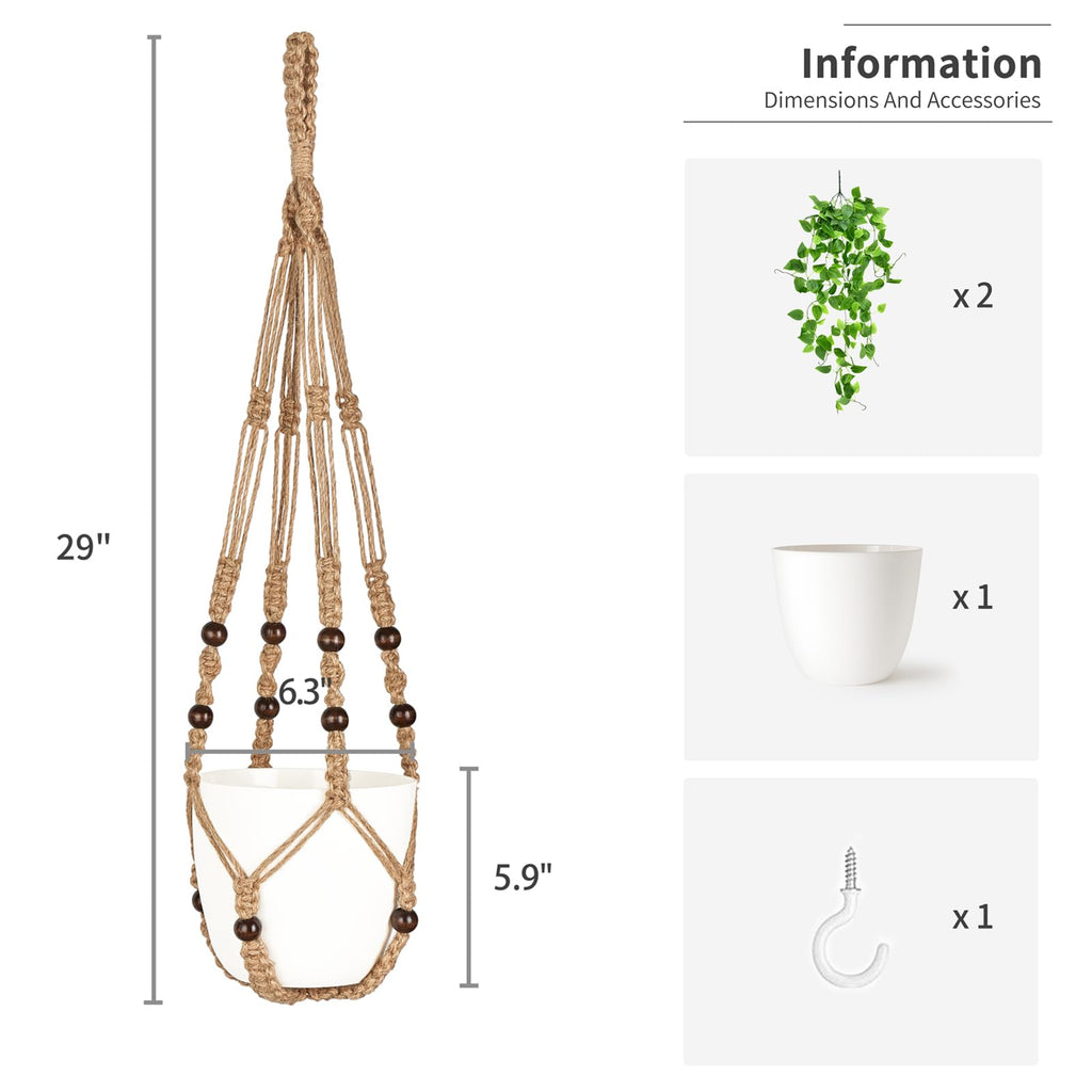 Fake Hanging Plant, Macrame Hanger with Pothos Vines & Pot, Brown