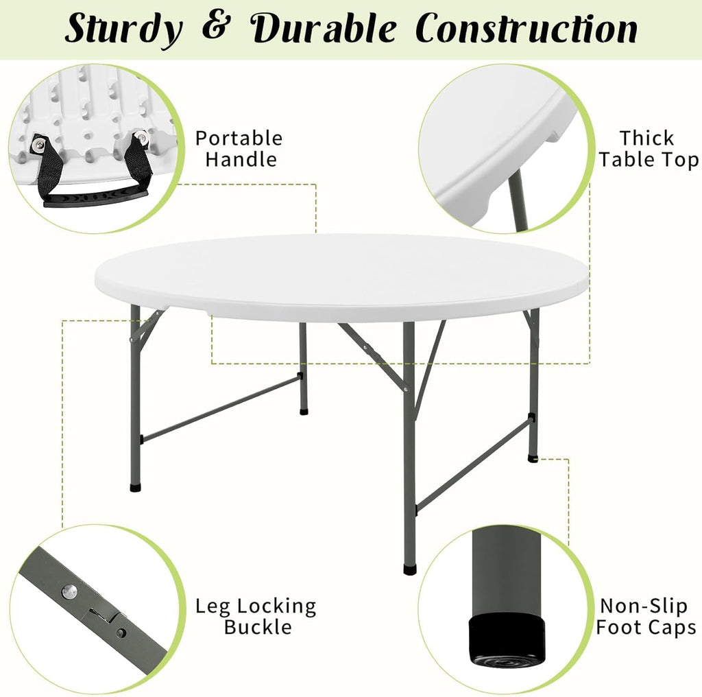 Round Folding Tables White Foldable Table, Fold-in-Half with Carrying Handle Portable Plastic Table for Party