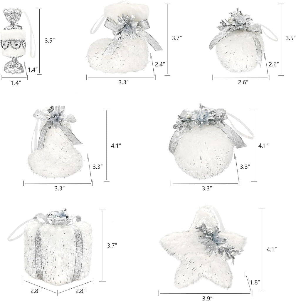 Set of 18 Faux Fur White Christmas Ornaments in Gift Box
